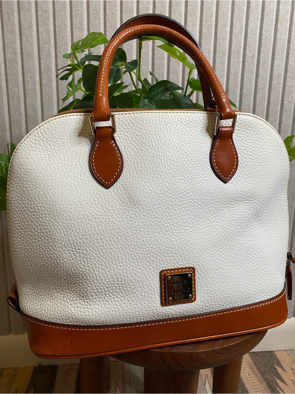 Dooney & Bourke Clean White Pebble Grain Leather Zip Satchel Quiet Luxury